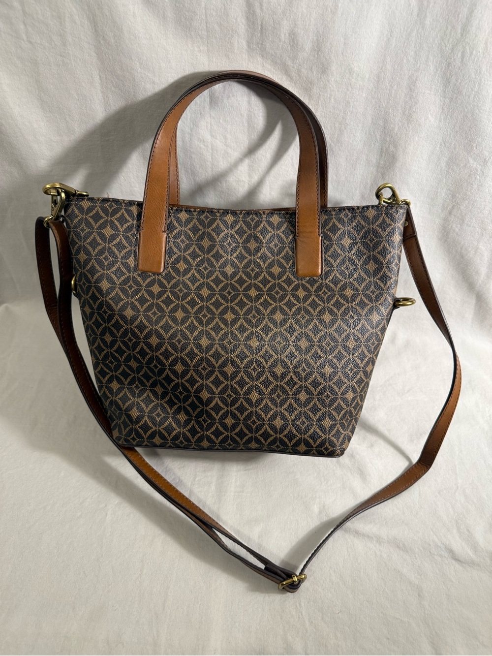 Fossil Brown Patterned Canvas and Tan Leather Tote - Picture 2 of 4